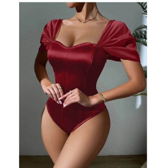 Merlot Satin Bodysuit Sweetheart Neck Sheer Puff Sleeves Size M - Picture 2 of 6